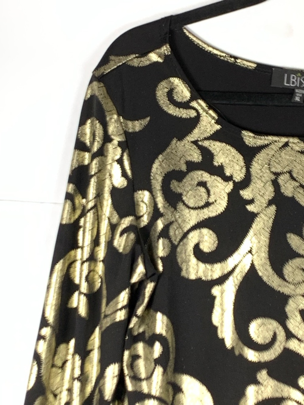 LBISSE Tunic Top XL Black Gold Baroque Metallic 3/4 Sleeve Handkerchief Hem - Picture 4 of 14